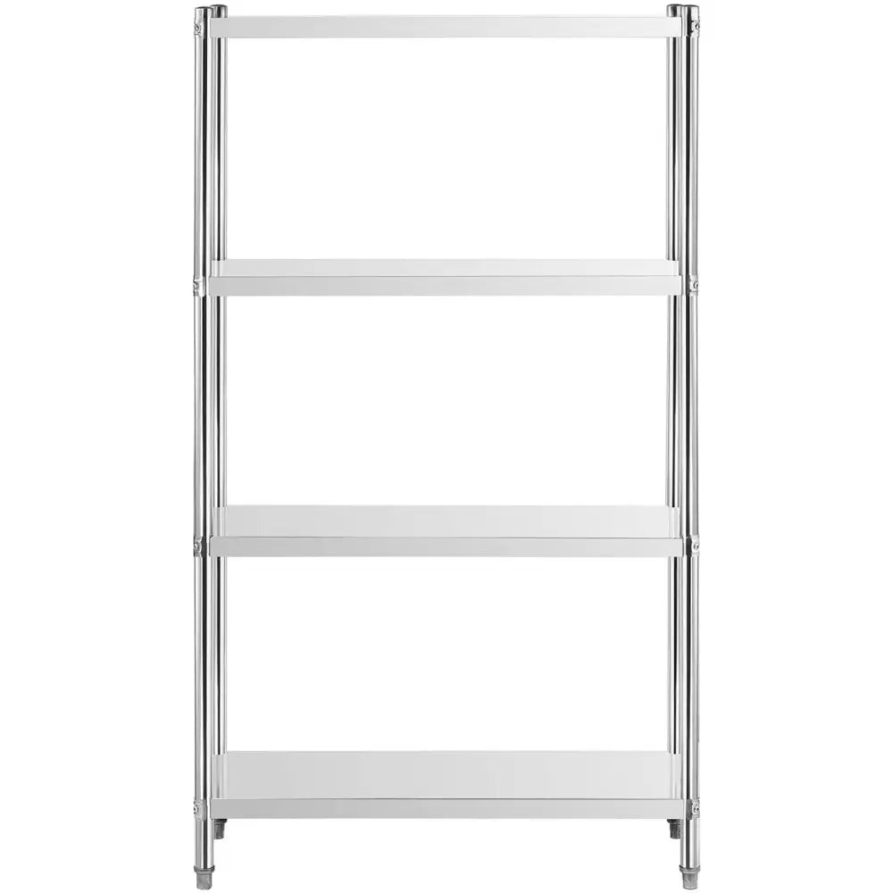 Metall gulvstativ med fire sølvfargede hyller, frontvisning som viser den åpne og robuste konstruksjonen.