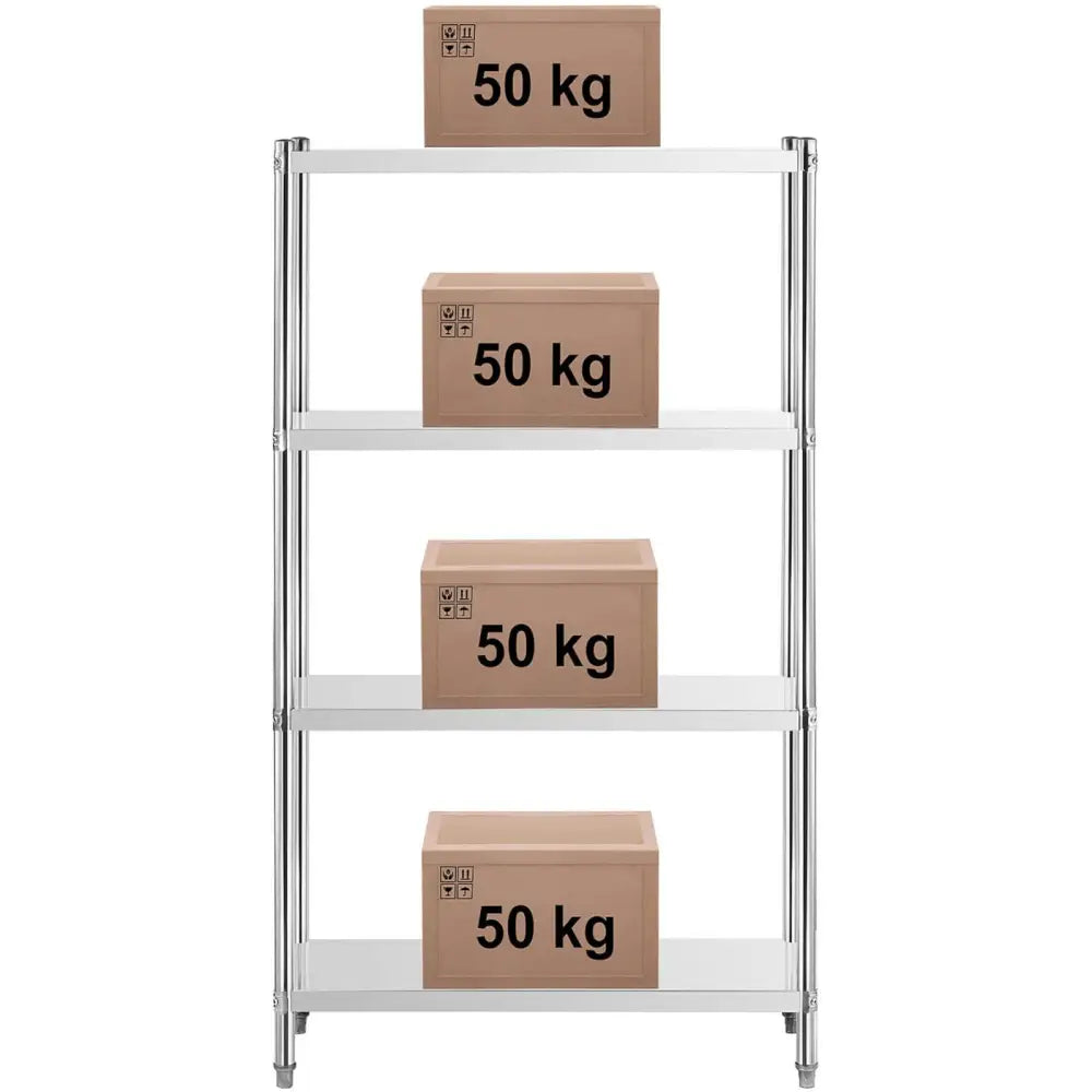 Metall gulvstativ med fire hvite hyller, hver med en brun “50 kg” eske som viser total bæreevne.