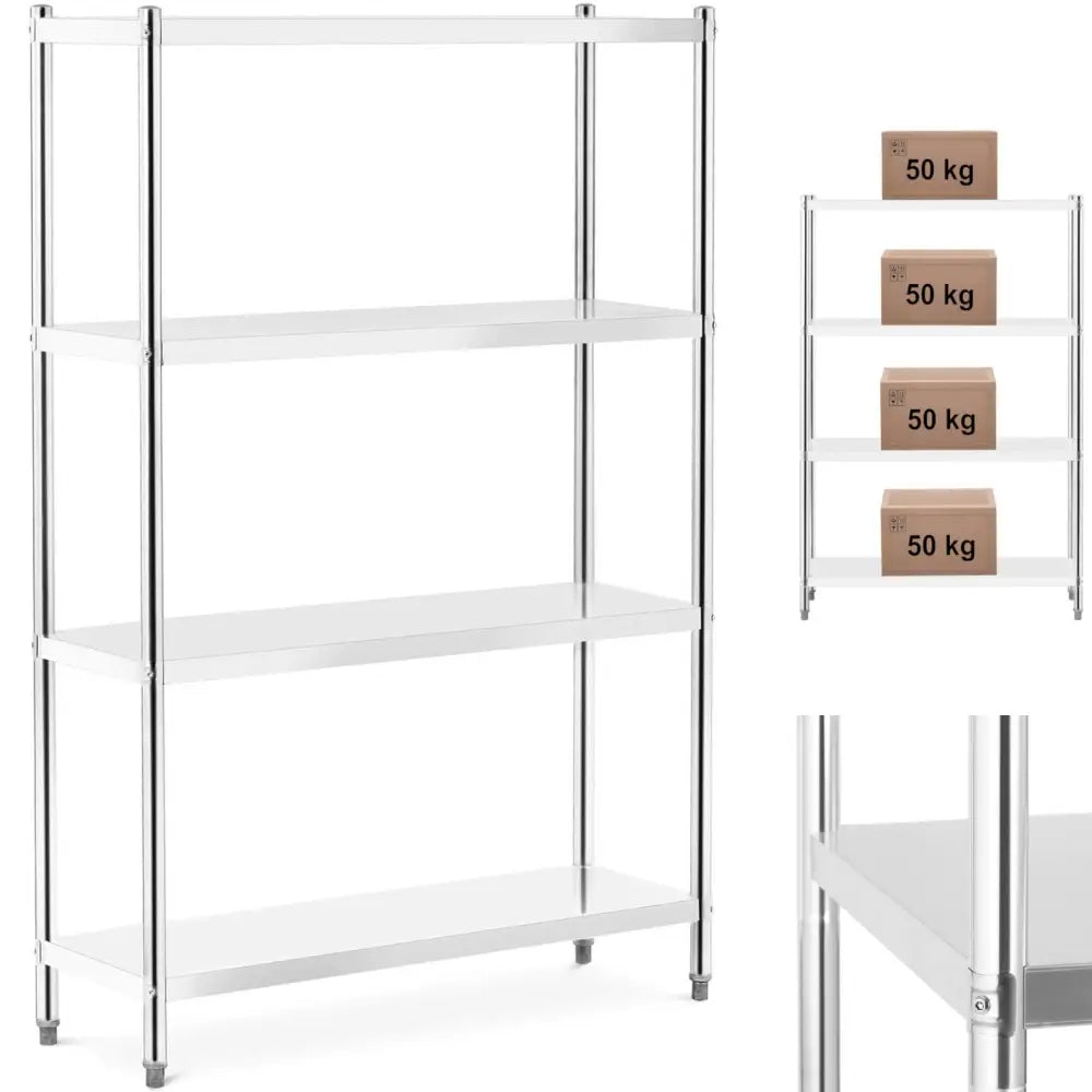 Metall lagerhylle med fire hyller, skråvisning i sølvfarget stål og illustrert maksvekt per hylle på 50 kg.