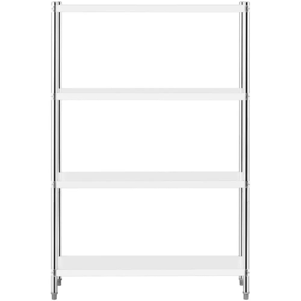 Metall lagerhylla med fire hvite hyller og justerbare ben, frontvisning av det minimalistiske reolsystemet.
