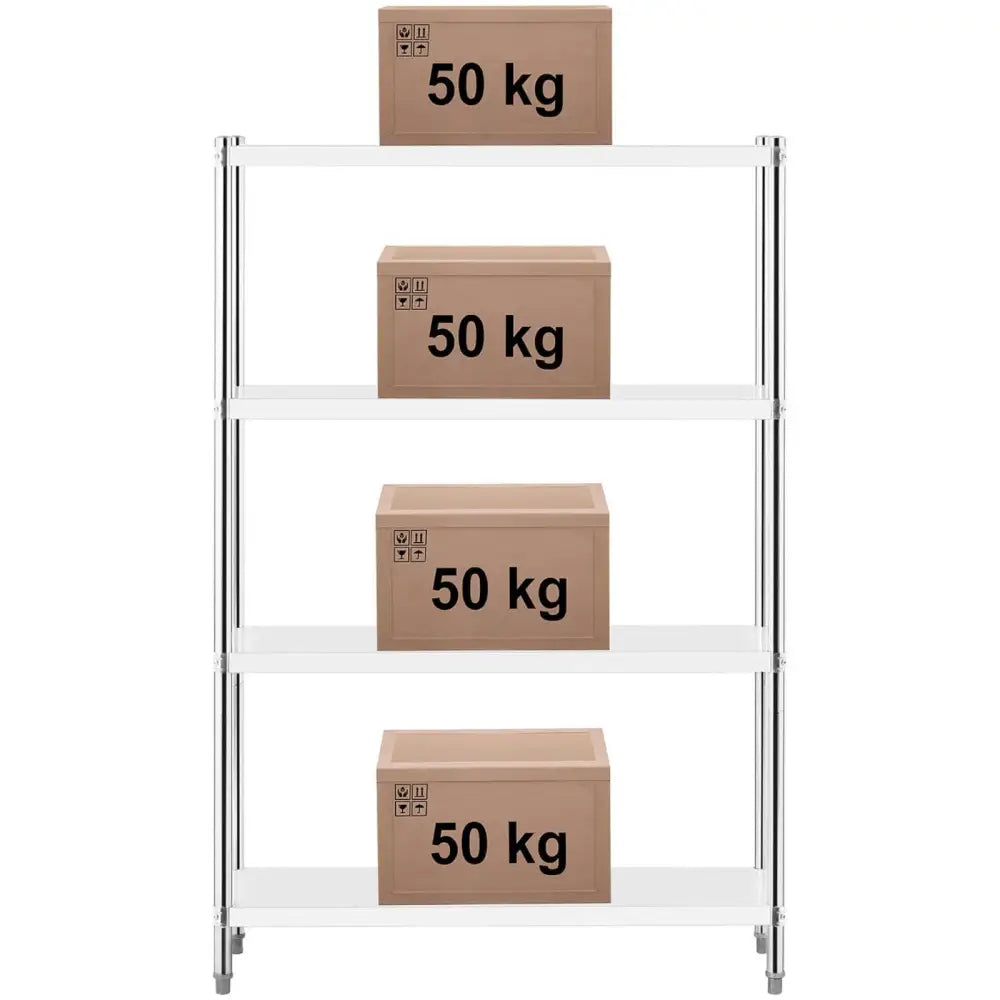Metall lagerhylle med fire hvite hyllenivåer, hver med brune esker merket 50 kg for å vise vektkapasitet.