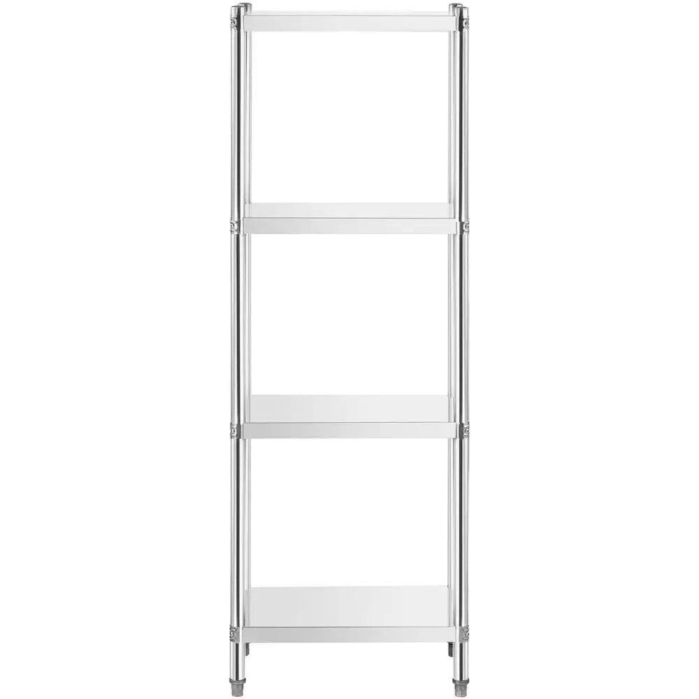 Metall lagringshylle med fire åpne hyller, sølvfarget og sett rett forfra med synlige justerbare føtter.