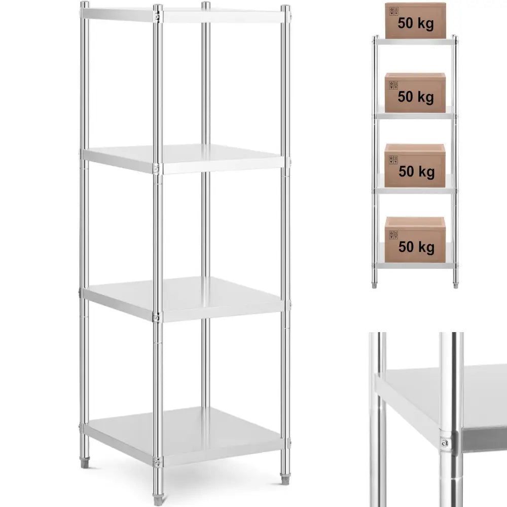 Metall lagringsstativ med fire hyller, sølvfarget, skrå visning med detalj av hjørne og vektillustrasjon.