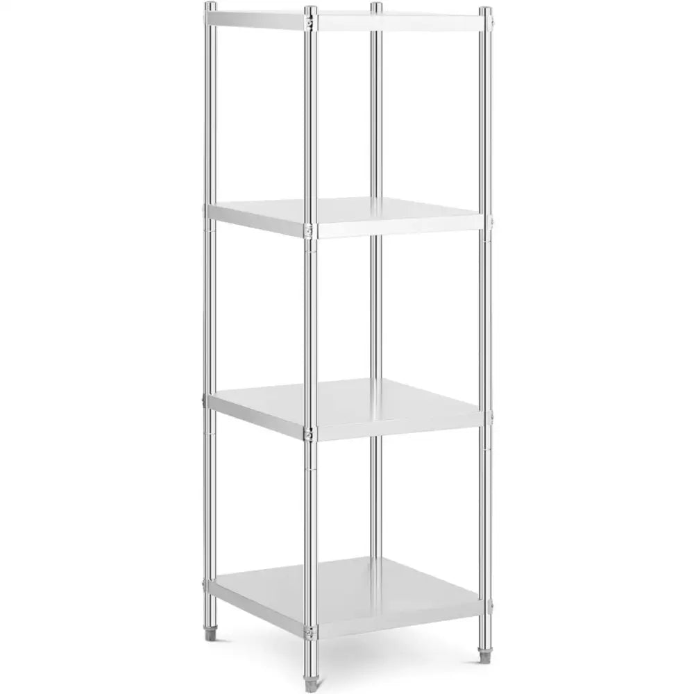 Metall lagringsstativ med fire hyller, skråvinklet visning som fremhever det moderne, minimalistiske designet.