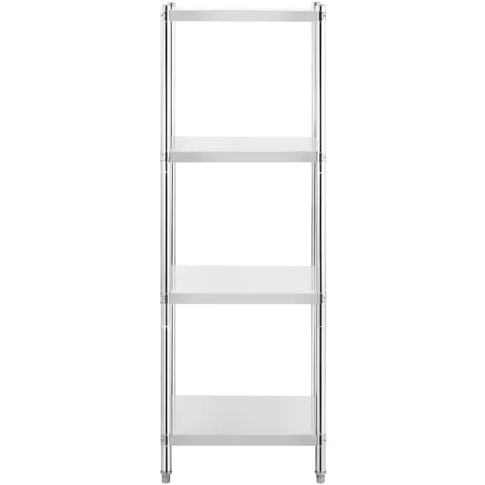 Metall lagringsstativ med fire åpne hyller, sølvfarget finish, frontvisning som viser det industrielle designet.