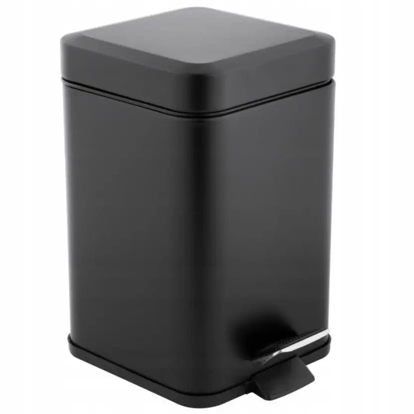 Metall søppelbøtte 3L i svart, matt overflate, skrå frontvisning med synlig fotpedal og avrundede kanter.
