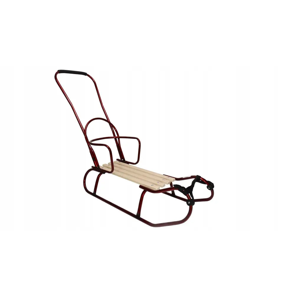 Metallake i vinrødt med ryggstøtte, lyse treseter og sort skyvestang, sett fra skrå vinkel.