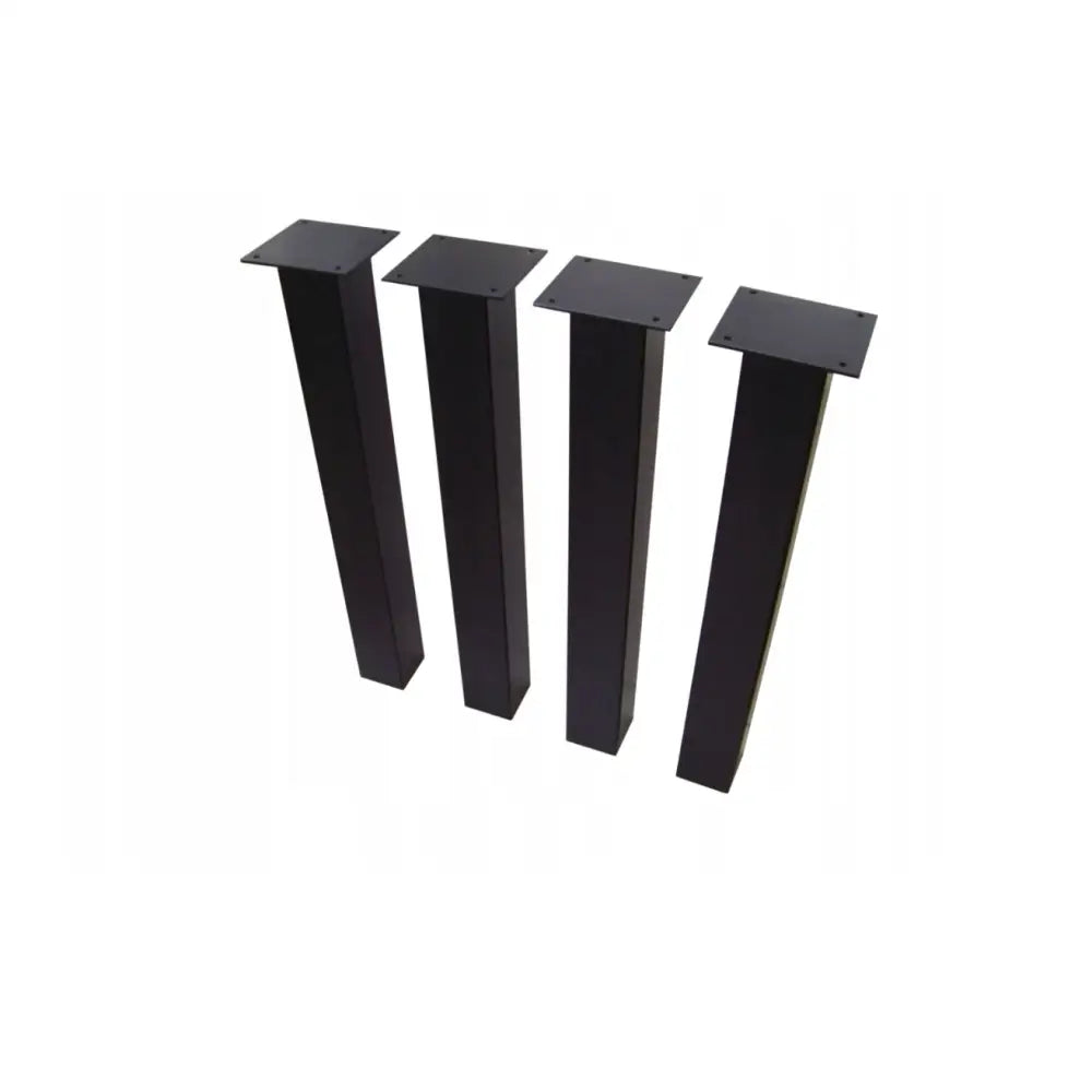 Metallben til bord skrivebord, fire sorte firkantede ben med monteringsplater vist fra skrå vinkel.