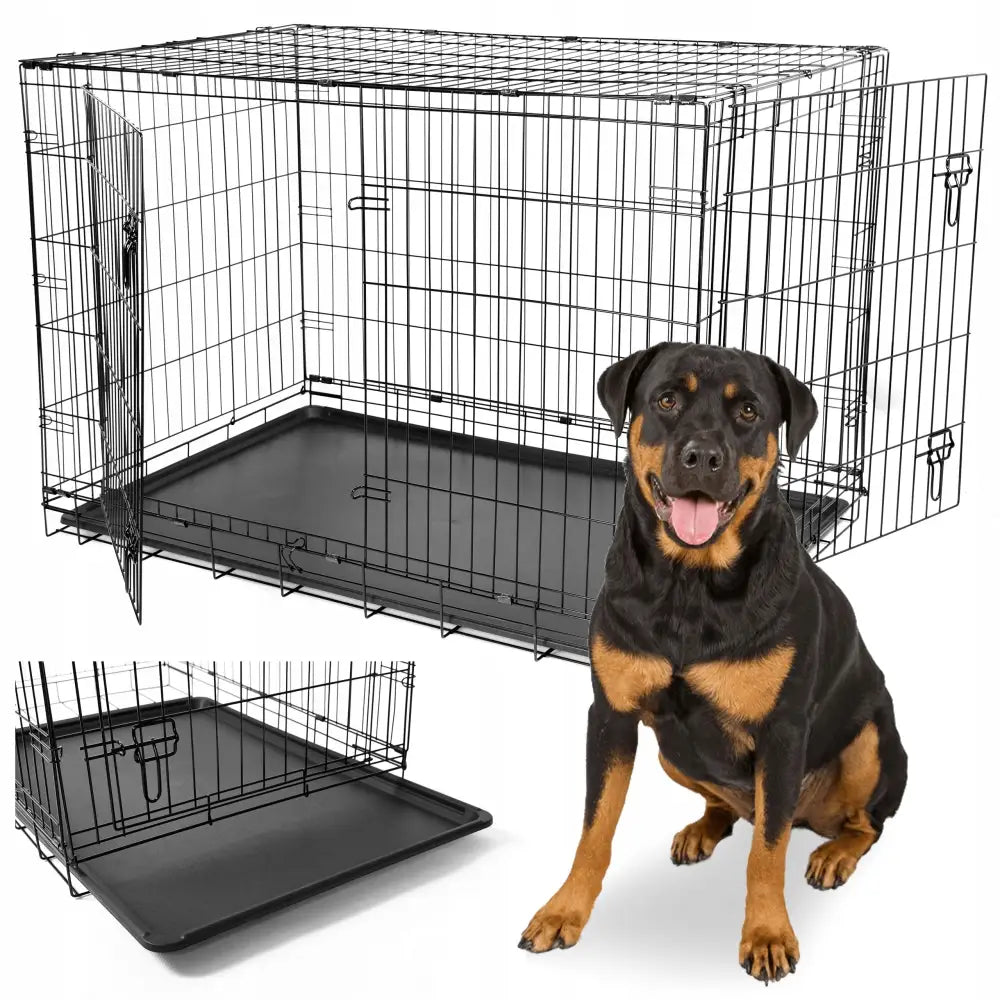 Metallbur for store hunder XXL, sort sammenleggbar modell med to åpne dører og plastbunn, ved siden av stor hund.