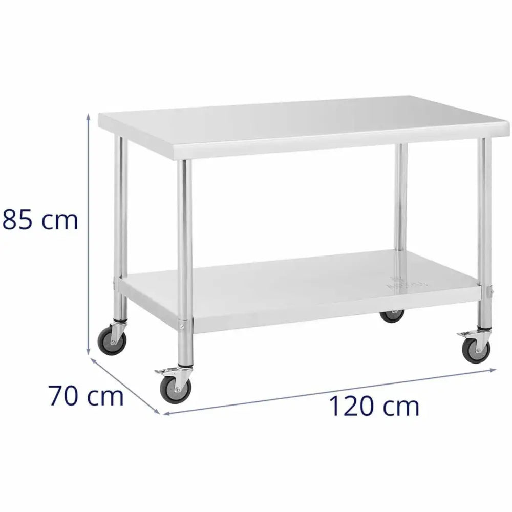 Kjøkkenbord i rustfritt stål på hjul, rektangulær form med hylle og mål 85x70x120 cm synlig.