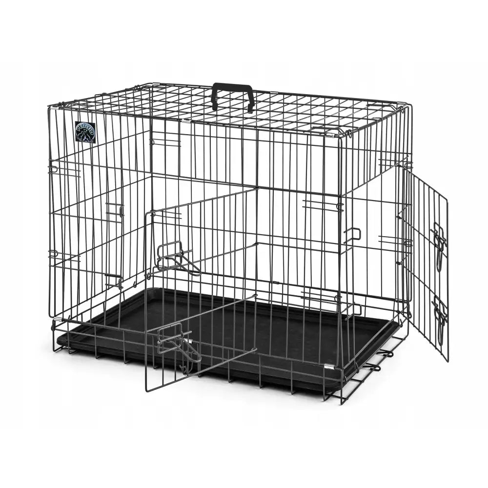 Metallisk hundebur L 91/60/66 cm, sammenleggbart med to åpne dører, sort bunn og bærehåndtak, sett fra siden.