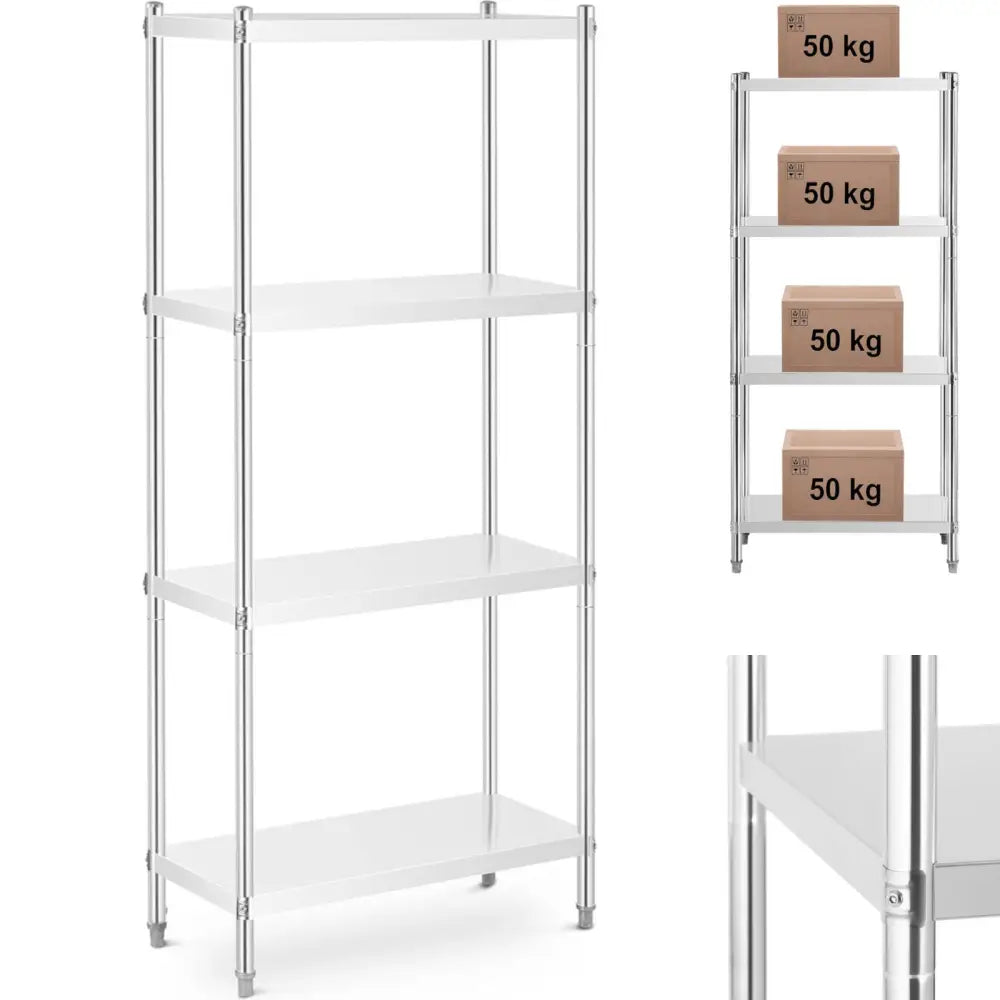 Metallisk kjøkkenreol med fire hvite hyller, skrå frontvisning, esker markert 50 kg per hylle og detalj av hjørne.