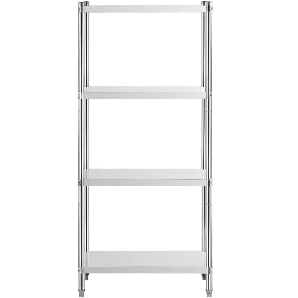 Metallisk kjøkkenreol med fire hvite hyller, sett forfra, sølvfargede rammer og justerbare føtter.