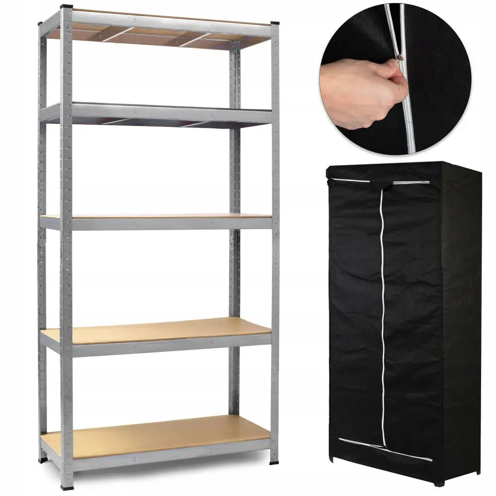 Metallisk lagerhylle med fem trehyller, svart tekstilskap ved siden av og detalj av åpen glidelås.