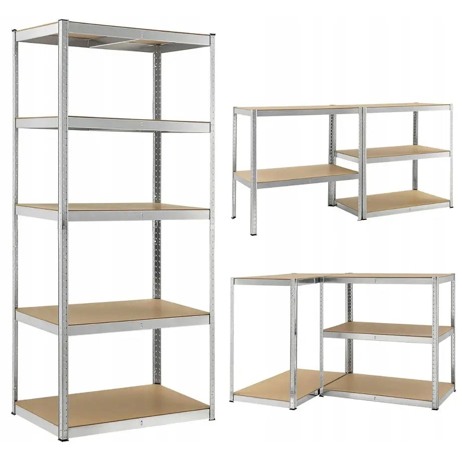 Metallisk lagerhylle 3-i-1 med fem justerbare nivåer i sponplate, sølv ramme og modulært oppsett.