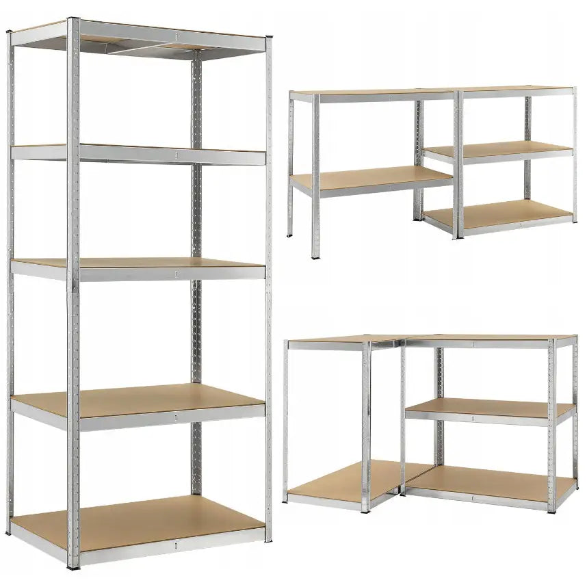 Metallisk lagerhylle 180x100x60cm med fire trehyller, vist både som høy reol og i alternative lave oppsett.