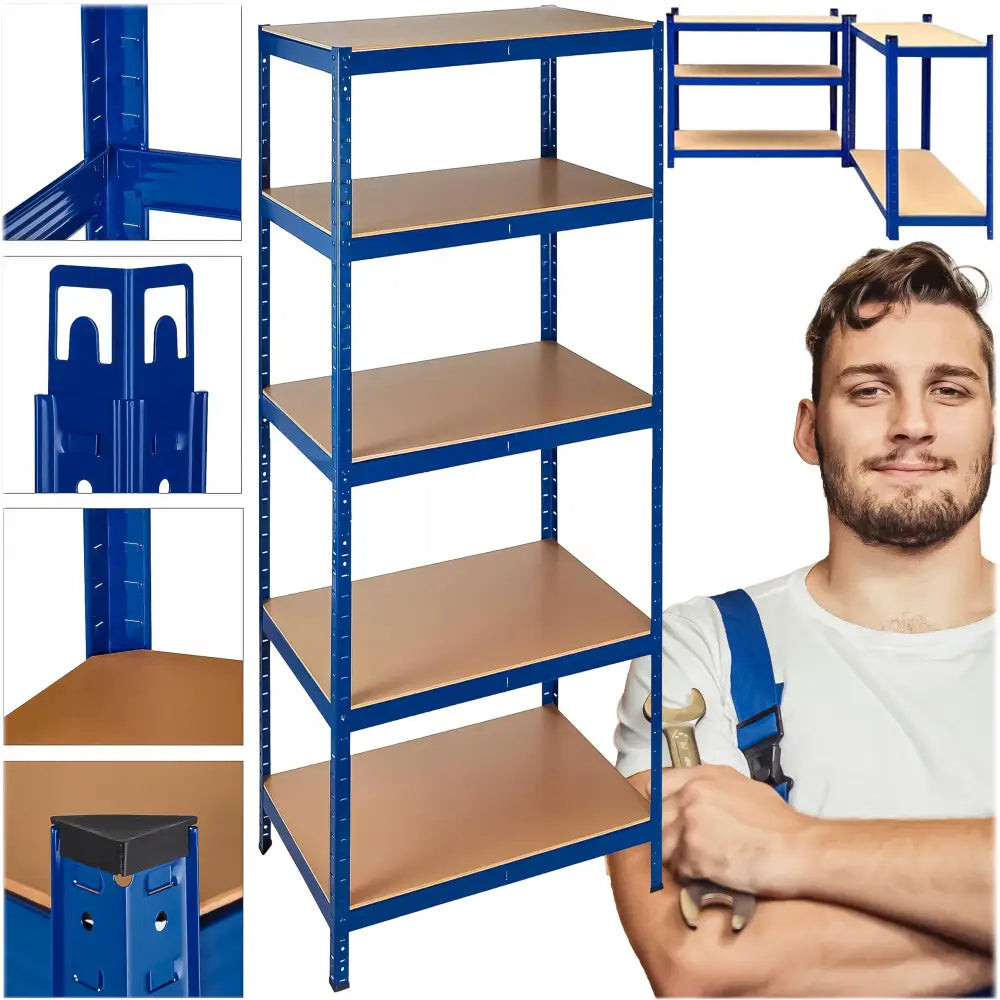 Metallisk lagerhylle med blå ramme og fem trehyller, nærbilde av hjørnedetaljer og montering med verktøy.