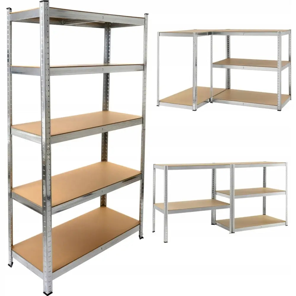 Metallisk lagerhylle med fire brun trefiberhyller og sølv ramme, vist både rett og i L-formasjon.
