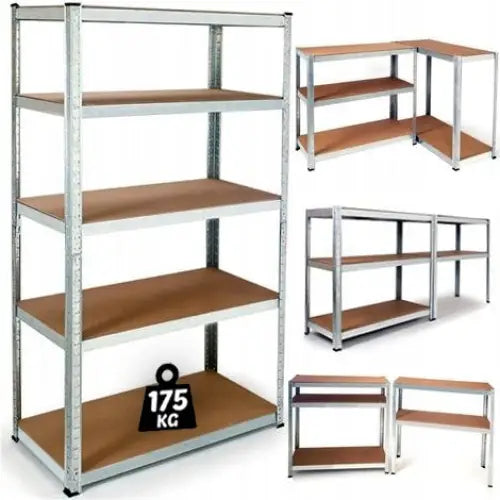 Metallisk lagerhylle med fire MDF-hyller, frontvisning som viser solid konstruksjon og romslig oppbevaringsplass.