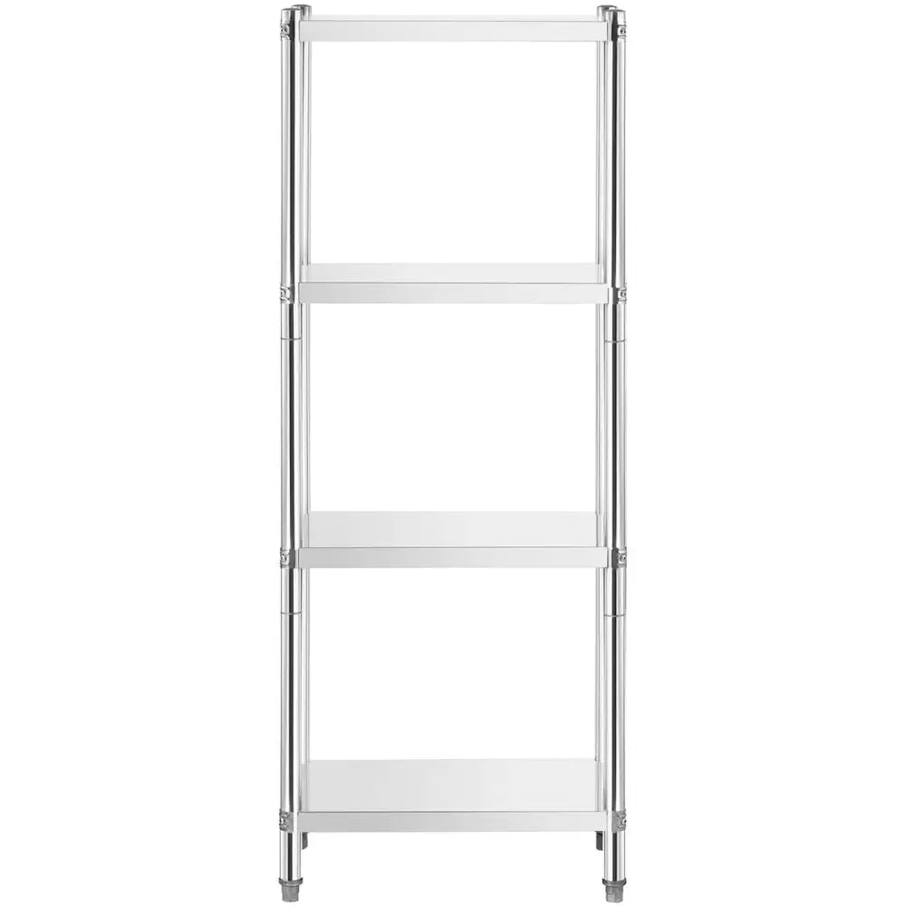 Metallisk lagerkjøkkenstativ med fire sølvfargede hyller, minimalistisk frontvisning uten dekor.