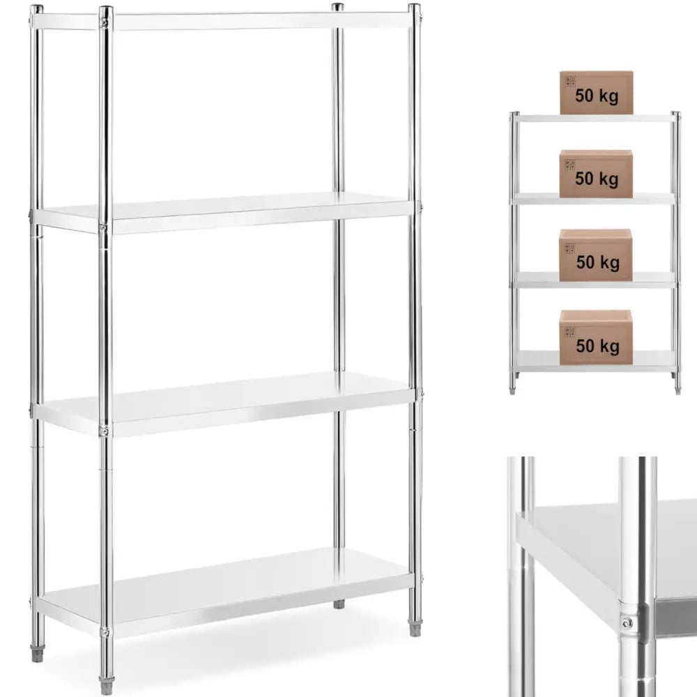 Metallisk lagerstativ med fire sølvfargede hyller, vist forfra med kasser som demonstrerer bæreevne.