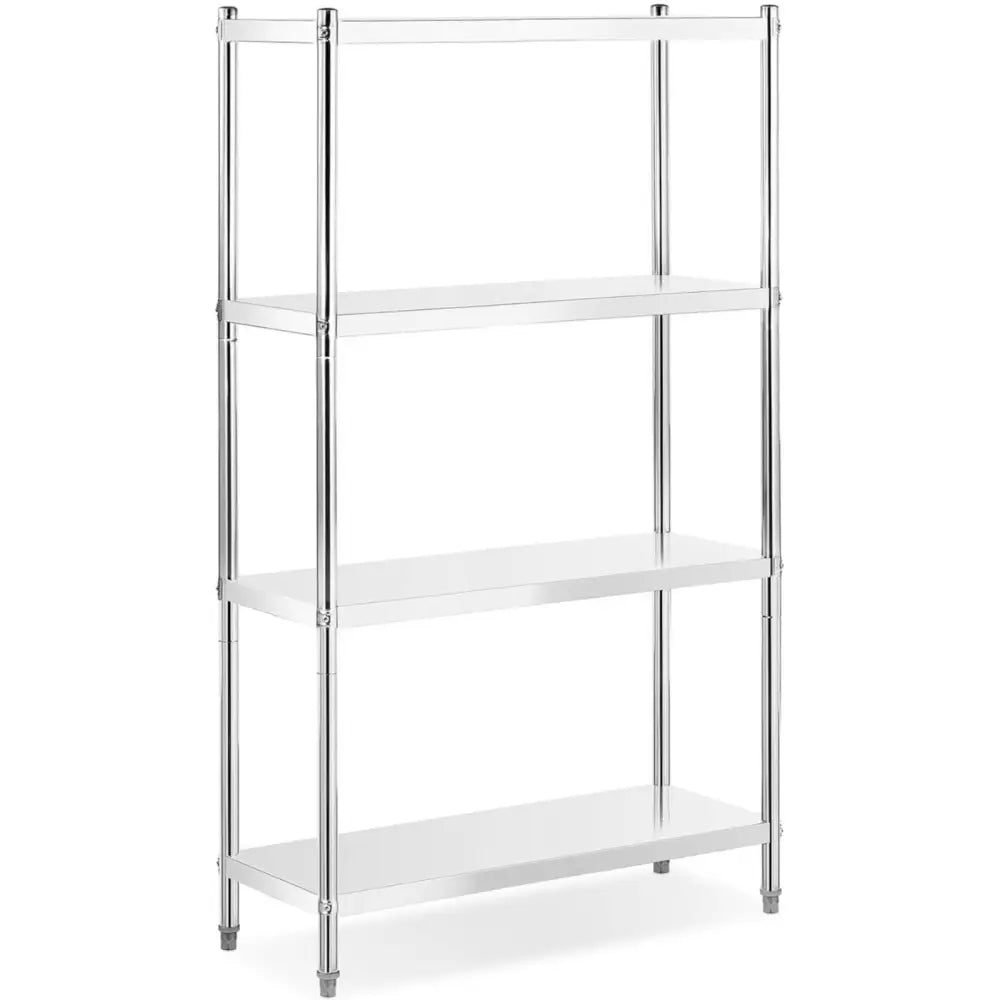 Metallisk lagerstativ med fire åpne hyller, sett fra siden, viser justerbare bein og minimalistisk design.