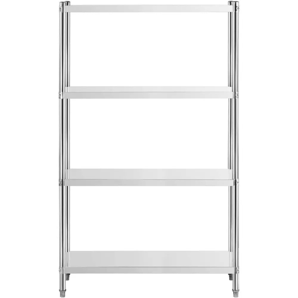 Metallisk lagerstativ med fire sølvfargede stålhyller, frontvisning som viser enkel og moderne konstruksjon.