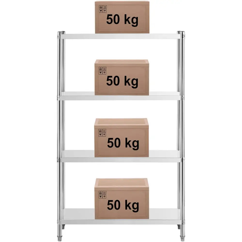 Metallisk lagerstativ med fire hyller, hver hylle utstyrt med en brun 50 kg eske midtstilt.