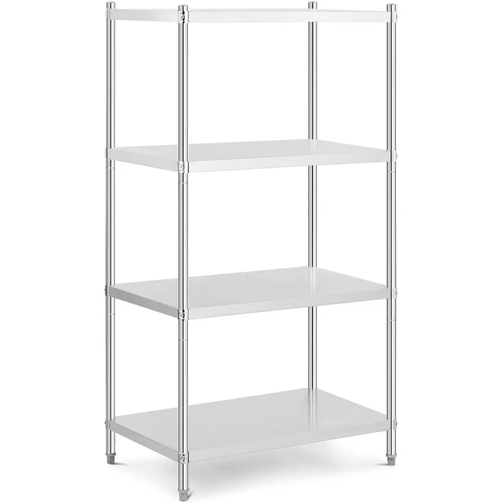 Metallisk lagringsstativ med fire hyller, sett fra skrå vinkel, viser justerbare ben og glatte linjer.