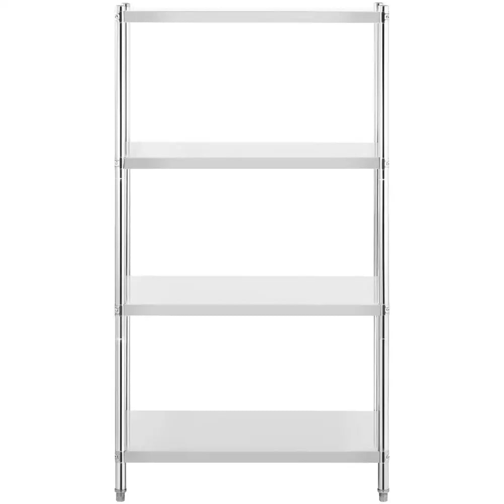 Metallisk lagringsstativ med fire hvite hyller og sølvfargede ben, frontvisning mot hvit bakgrunn.