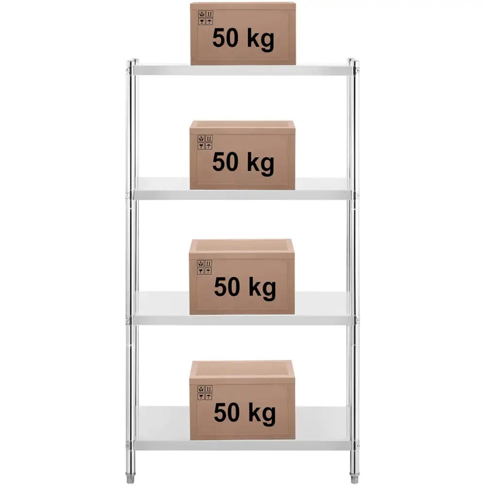 Metallisk lagringsstativ med fire hvite hyller, hver med en brun pappeske merket 50 kg rett forfra.