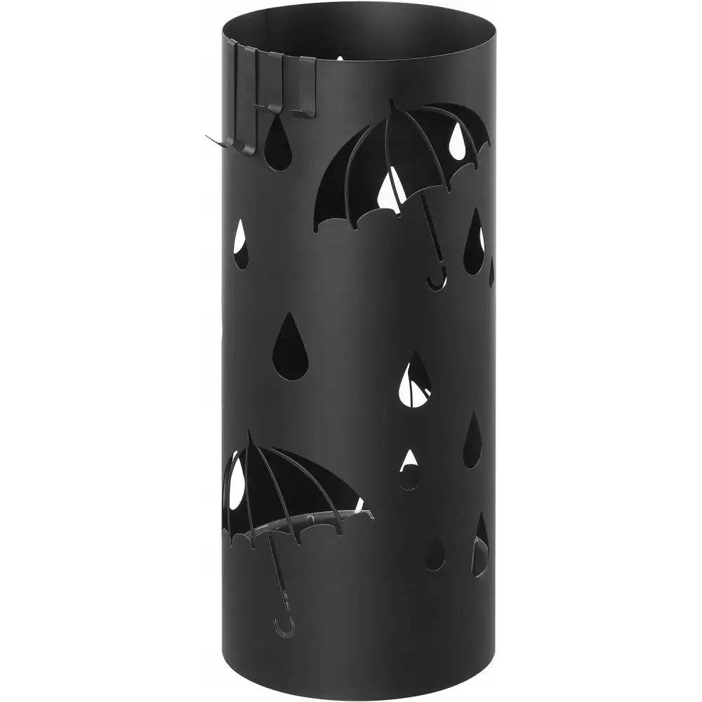 Metallisk sort paraplystativ fra Songmics Loft, sylinderformet med utskårne paraply- og regndråpemotiver.