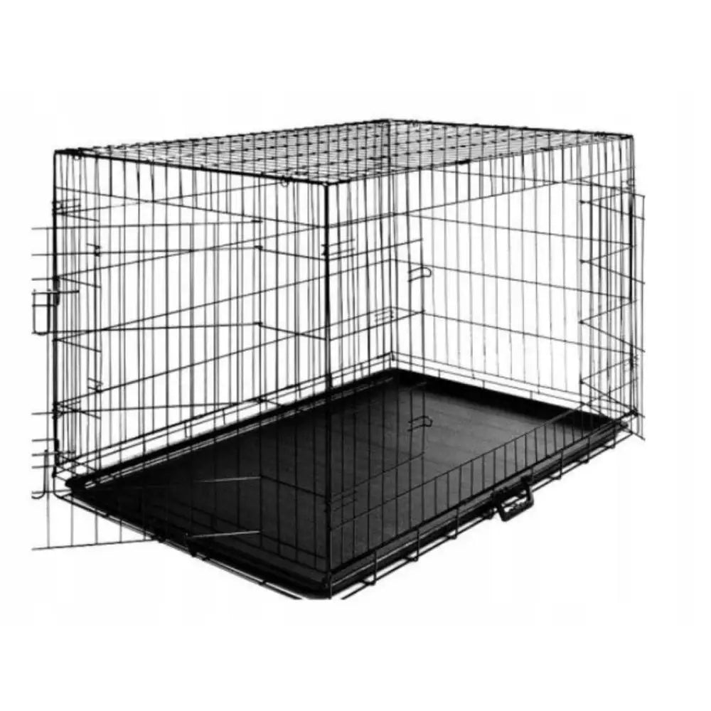 Metallisk hundebur 76x47x53 cm, sammenleggbart med sort plastbunn, sidevisning med bærehåndtak og grind.