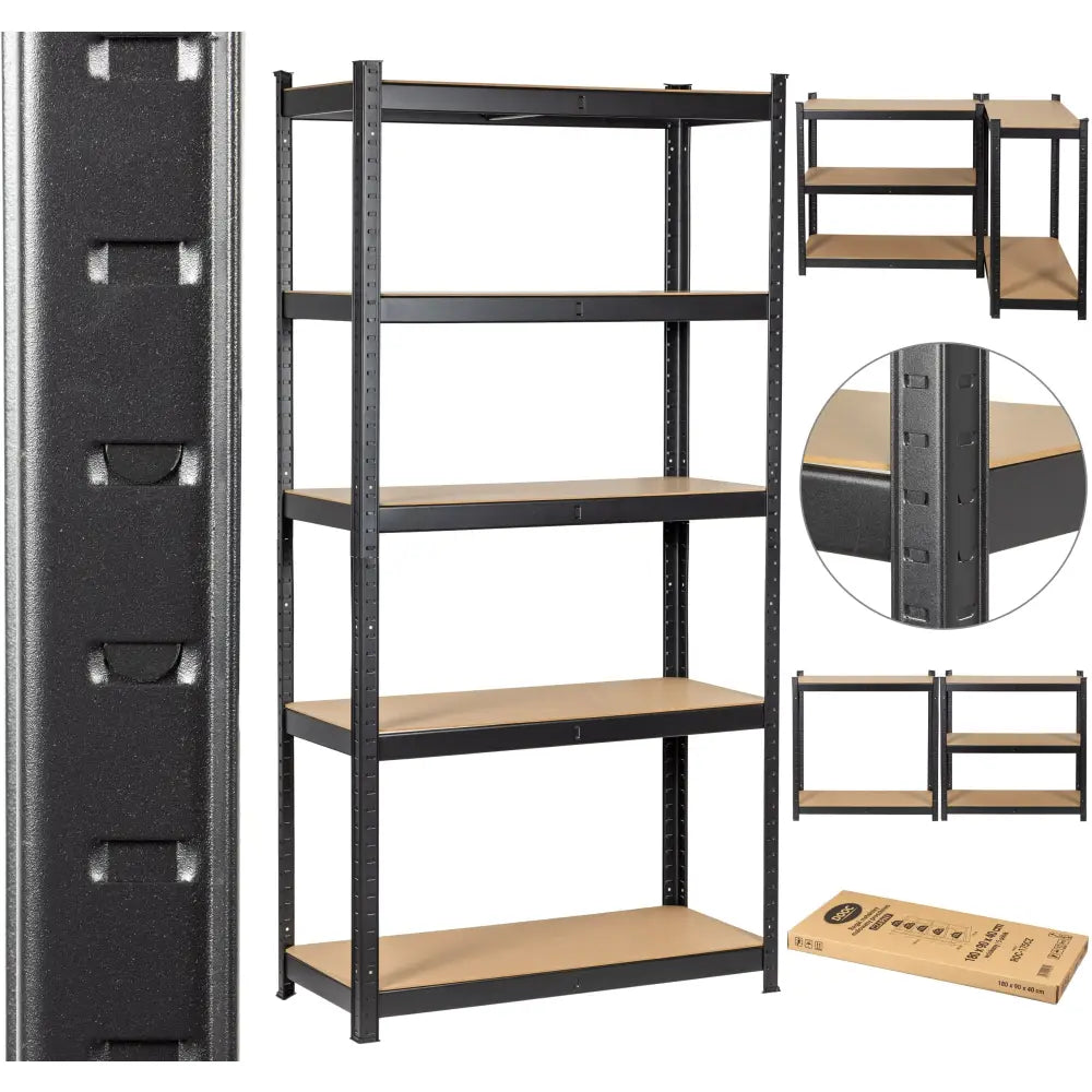 Metallisk svart lagerhylle med fem sponplater, vist fra siden, nærbilde av hjørne og delt i to seksjoner.