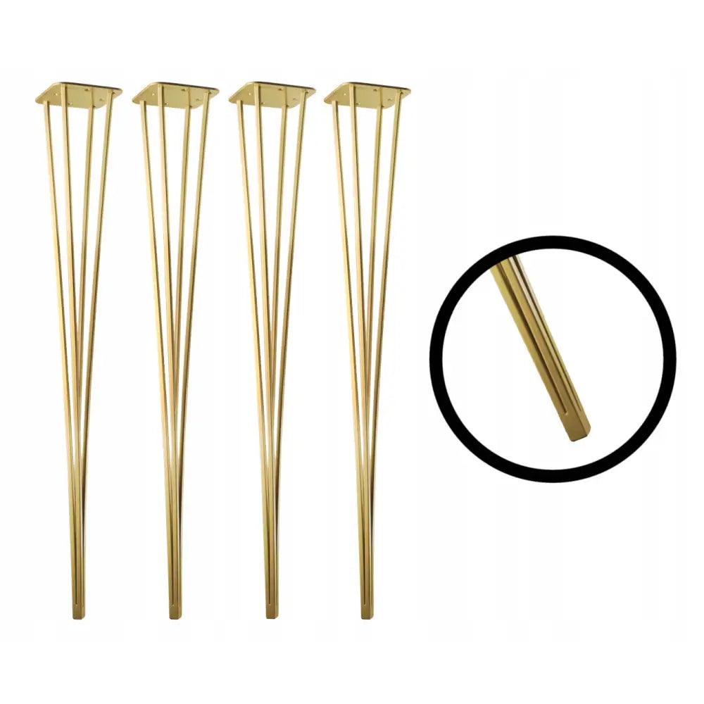 Metalliske hairpin ben i gull, fire stykker sett forfra med nærbilde av trekantet innfestning og slank form.