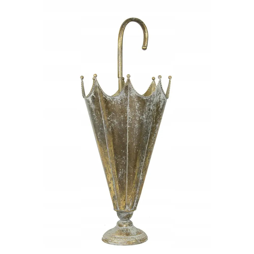 Metallparasollholder i antikk gull, frontvisning som fremhever den patinerte finishen og paraplyens åpne design.