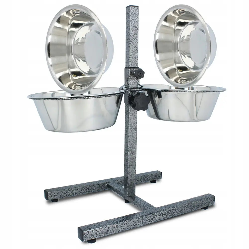 Metallskåler på justerbar stativ 2x2,8 L, sett skrått forfra med solide rustfrie boller og grå, robust base.