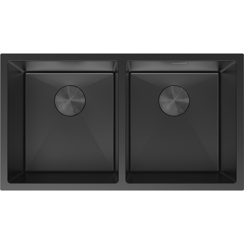 Kjøkkenvask i stål 800 x 450 mm, svart, med to kummer og sølvfargede sluklokk, sett ovenfra.