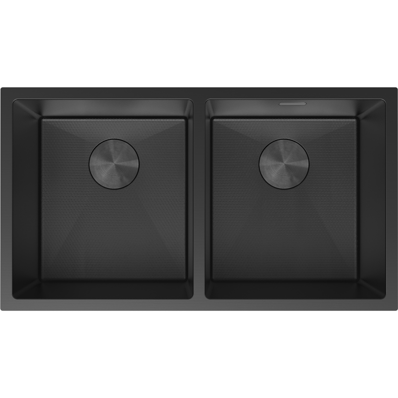 Kjøkkenvask i stål svart Mexen Binox 800x450 mm med to firkantede kummer og sentrerte sluk.