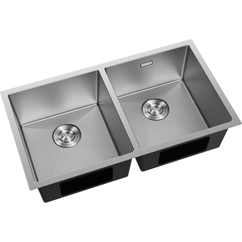 Kjøkkenvask Rustfritt Stål dobbelt vask Mexen Binox sett skrått ovenfra med avrundede hjørner og metallrister.