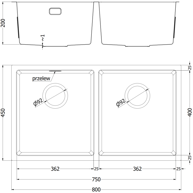Kjøkkenvask i stål teknisk tegning av Mexen Binox dobbel vask med mål og detaljer for avløp og overløp.