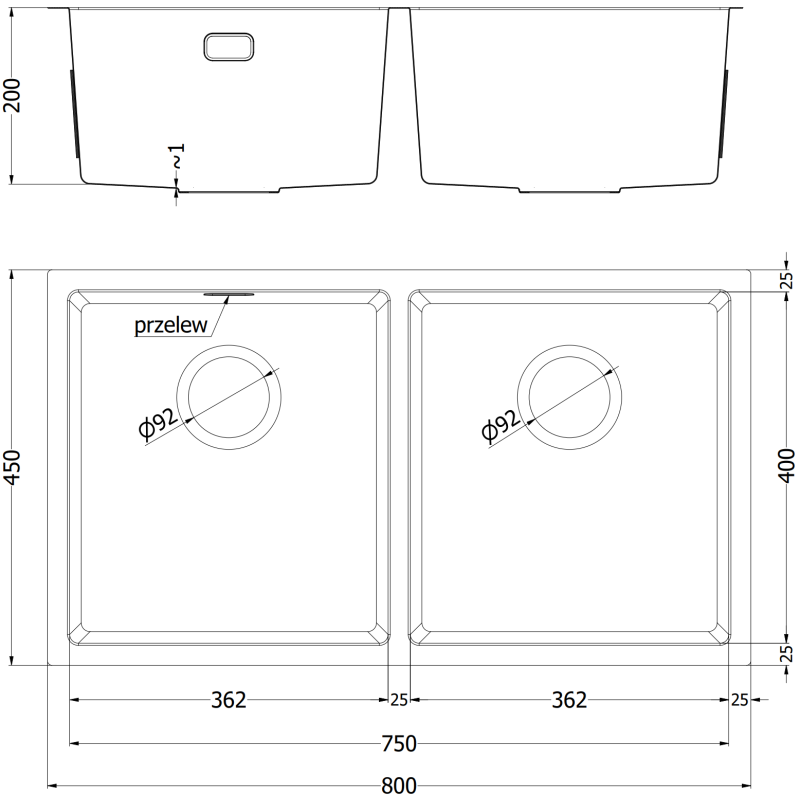 Kjøkkenvask Rustfritt Stål teknisk tegning av Mexen Binox 800 x 450 mm dobbel vask med mål og detaljer.