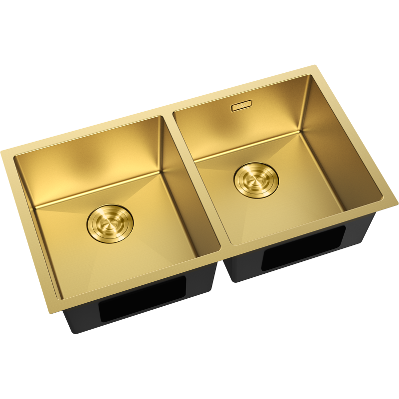 Stålvask Mexen Binox dobbel gullfarget kjøkkenvask med avrundede hjørner, sett skrått ovenfra.
