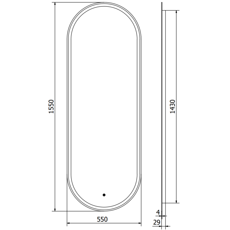 Speil med lys teknisk tegning av ovalt LED-speil 55 x 155 cm fra Mexen Bono, viser mål og profiler.