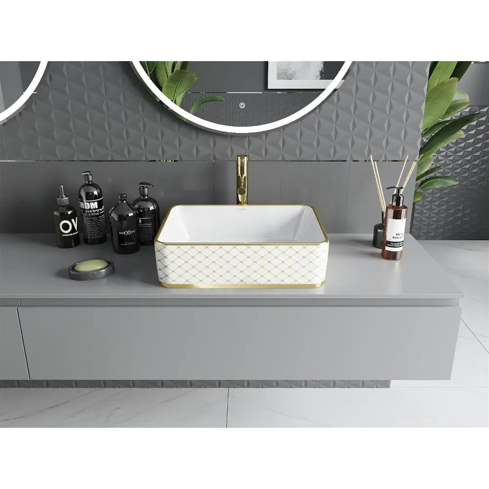 Mexen Catia Servant for Plassering på Benkeplate 48x37 Cm Hvit/gull Sjakkmønster