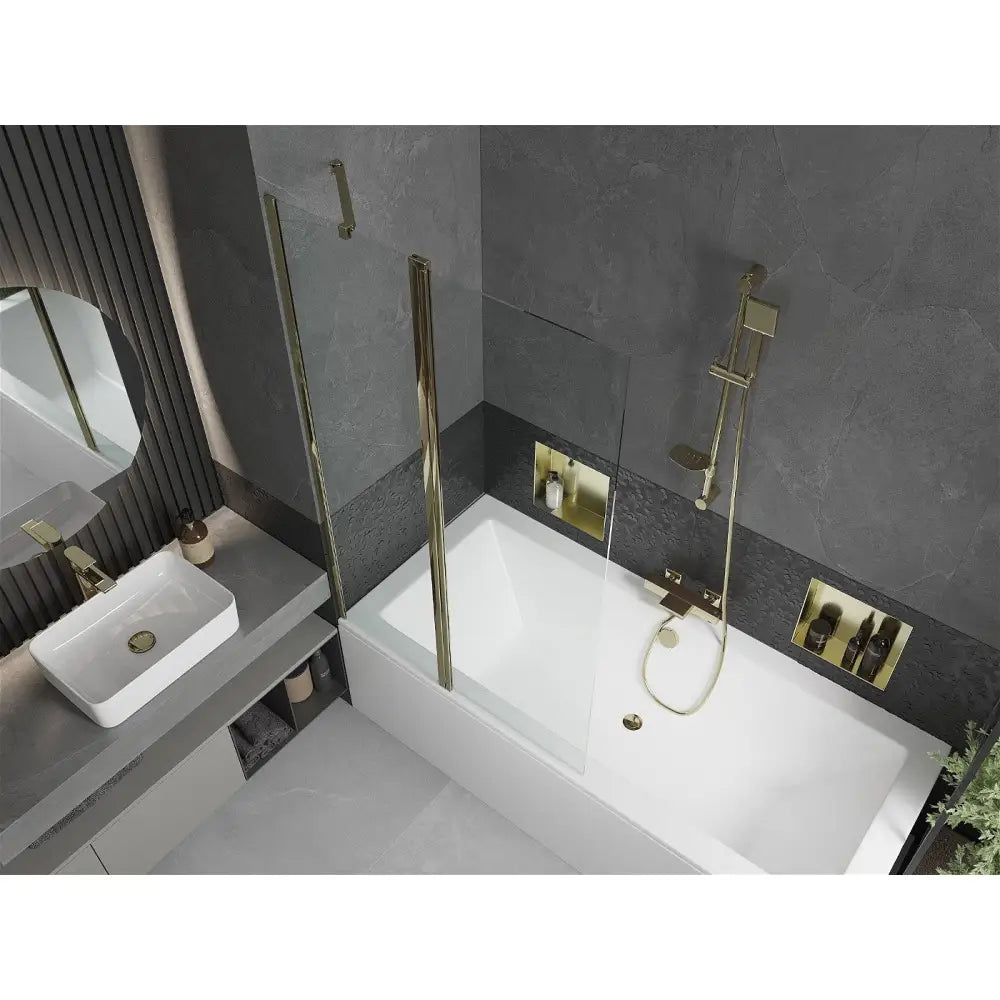 Mexen Cube Rektangulært Badekar 180x80 Cm med Kabinett og Enkeltdørs Dusjvegg 100 Cm Gjennomsiktig Gull - 550518080x