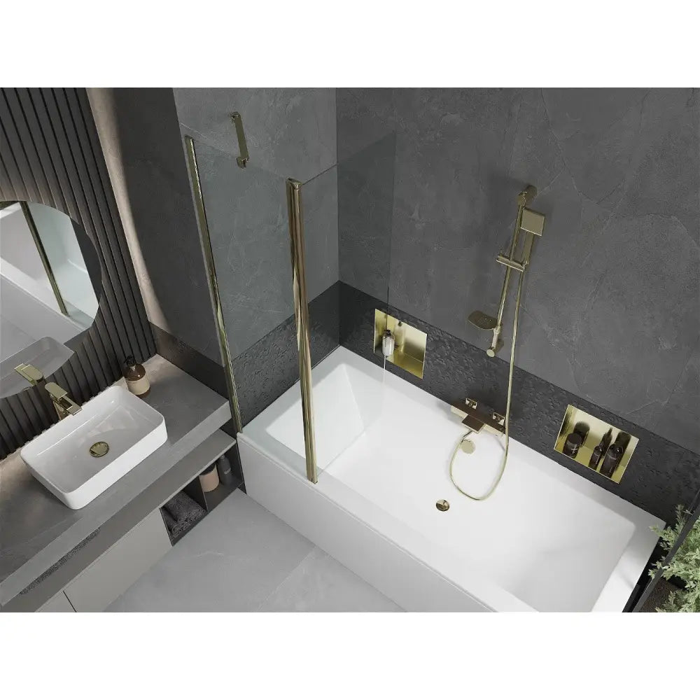 Mexen Cube Rektangulært Badekar 180x80 Cm med Kabinett og Enkeltdørs Dusjvegg 100 Cm Gjennomsiktig Gull - 550518080x