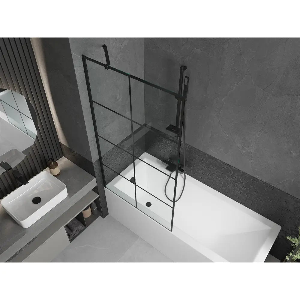 Mexen Cubik Rektangulært Badekar 150x70 Cm med Kabinett og Enkeltfløyet Dusjvegg 90 Cm Svart Mønster - 550315070x