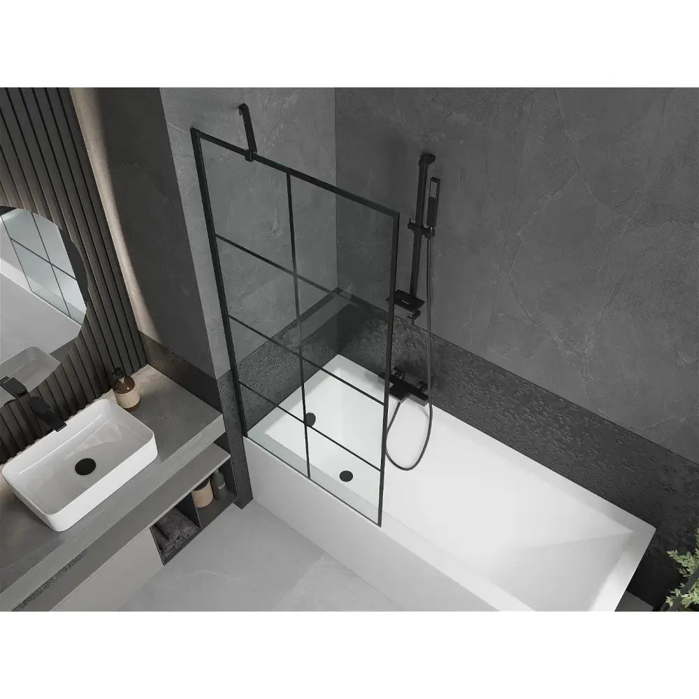 Mexen Cubik Rektangulært Badekar 150x70 Cm med Kabinett og Enkeltfløyet Dusjskjerm 80 Cm Svart Mønster - 550315070x
