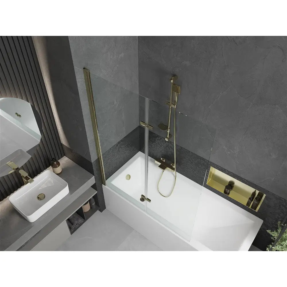 Mexen Cubik Rektangulært Badekar 150x70 Cm med Kabinett og 2-delt Dusjvegg 120 Cm Gjennomsiktig Gull - 550315070x